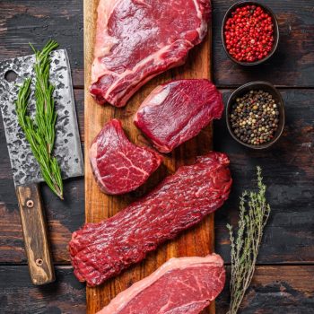 Raw prime black angus beef steaks fillet Mignon, rib eye or cowb